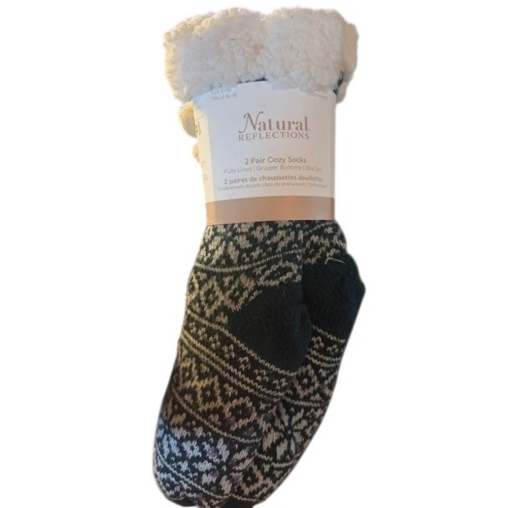 Natural Reflections 2 Pair Cozy Sock Sherpa Lined Gripper Bottoms Fair Isle 6-10